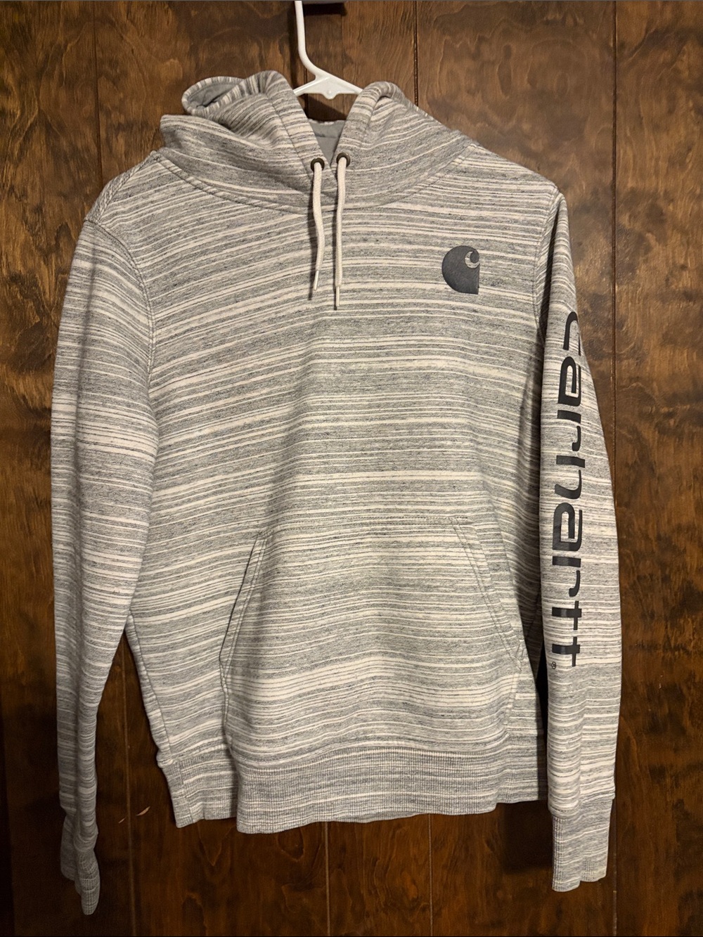 Carhartt Gray Striped Pullover Hoodie with Logo Sleeve